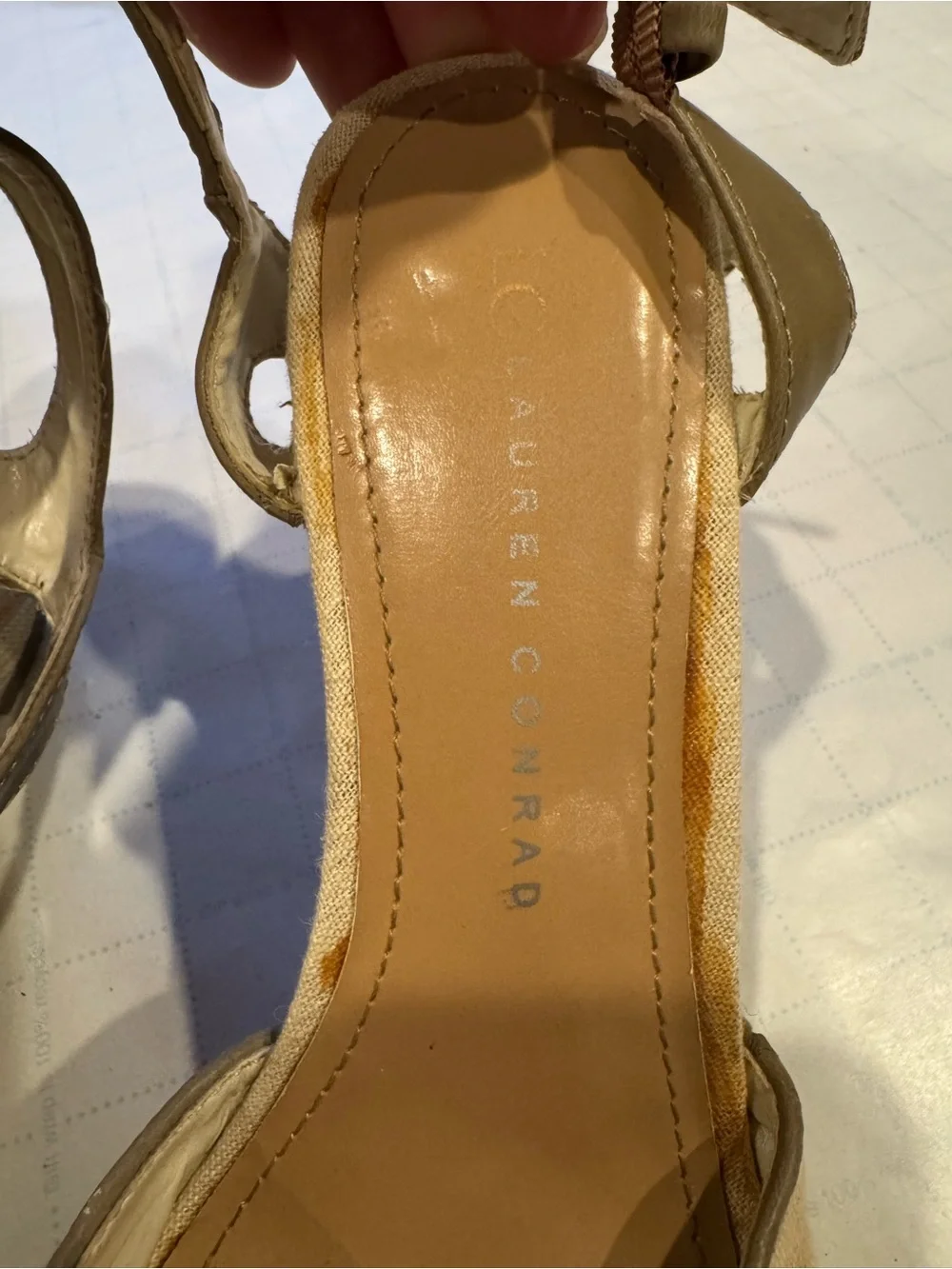 LC Lauren Conrad Beige Linen & Taupe Leather Ankle-Strap Heels
